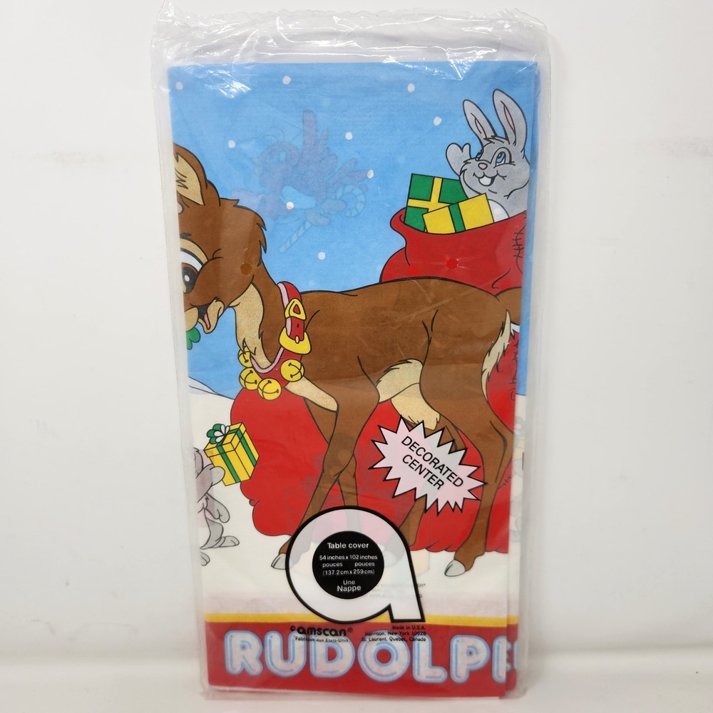 Vintage Amscan Rudolph the Red-Nosed Reindeer Plastic Table Cover 54x102 NIP
